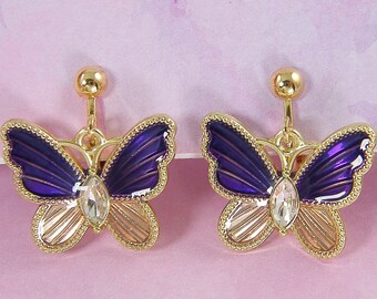 Pink Purple Butterfly Clip on Earrings, Girly Nature Clip Earrings, Insect Dangle Clip on Earrings Gift for Her Purple Lover |EB10-27