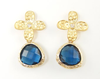Blue Zircon Earrings, Blue Gold Flower Earrings, Blue Teardrop Earrings, Blue Gold Drop Pierced Earrings |BJ1-11
