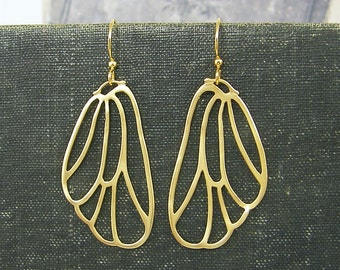 Large Gold Butterfly Wing Earrings, Angel Wing Dangle PIERCED Earrings, Gold Insect Lover Butterfly Wing Jewelry |EB3-85