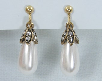 Pearl Clip on Earrings, Vintage Style Antique Gold Pearl Teardrop Clip Earrings Rhinestone Clip Earrings, Dangle Clip on Earrings |EB2-29