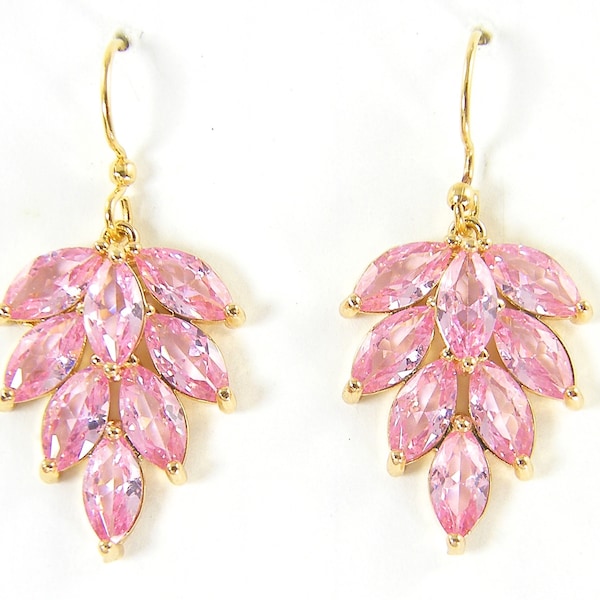 Pink Crystal Leaf Earrings, Medium Mid Length Pink Rhinestone Gold Evening Bridal Wedding Dressy Special Occasion PIERCED Earrings |EB7-2