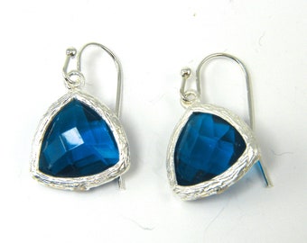 Blue Triangle Earrings, Blue Silver Drop Earrings, Crystal Blue Drop, Blue Faceted Stone Gold Dangle Pierced Earrings |AB1-12
