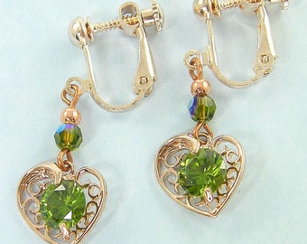 Olive Green Clip on Earrings, Peridot Green Filigree Rose Gold Heart Clip Earrings, August Birthstone Birthday Gift |EB1-68