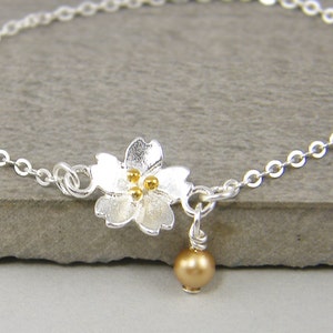 Small Silver Flower Bracelet, Delicate Silver and Gold Flower Bracelet, Dainty Pearl Sterling Silver Bracelet, Gift for Girls |BB1-12