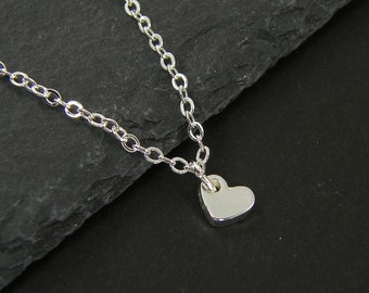 Very Tiny Heart Charm Necklace, Small Mini Petite Sideways Heart Pendant Necklace, Gift for Girl Daughter Silver Chain Jewelry |NB3-35