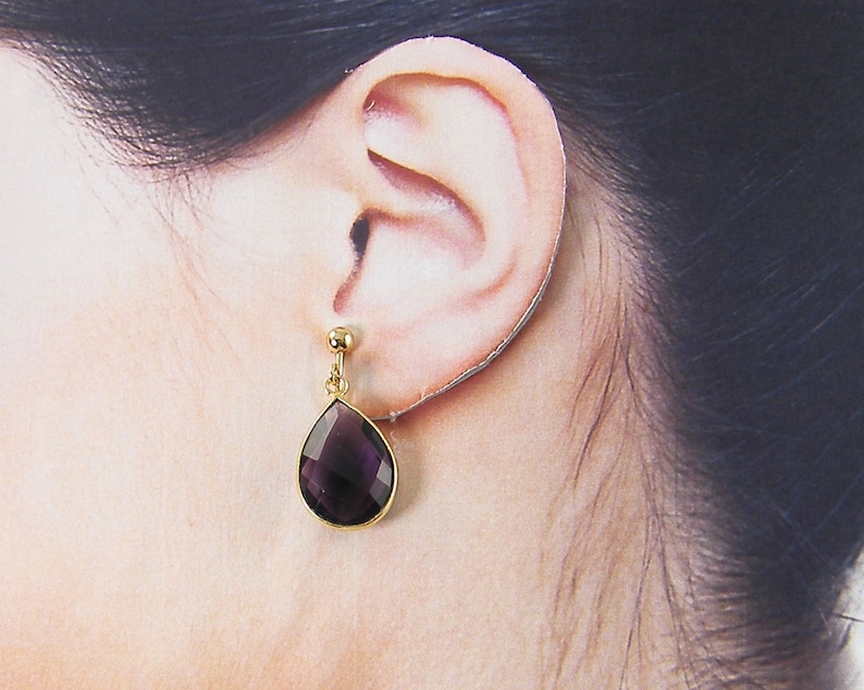 Amethyst Gemstone Clip on Earrings Gold, Purple Stone Teardrop Dangle Earrings, Gift for Her, Drop February Birthstone Birthday Gift EB7-26 image 7