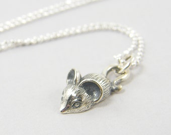 Mouse Necklace, Sterling Silver Mouse Charm Necklace, Small Mice Dimensional Animal Charm Necklace with Sterling Silver Chain |NS1-1