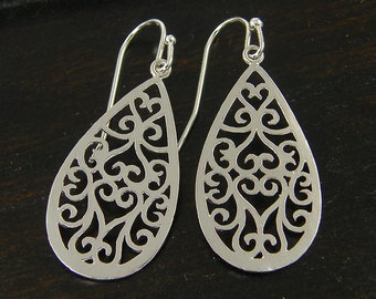 Silver Filigree Earrings, Silver Teardrop Earrings, Ornate Matte Silver Drop Pierced Earrings |EB1-21