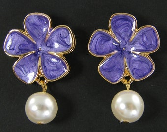 Purple Flower Earrings, Purple Gold Flower Stud White Pearl Dangle Pierced Earrings, Purple Lover Gift |EB7-8