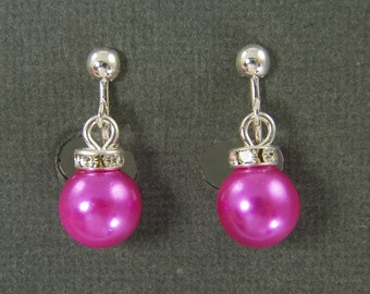 Hot Pink Pearl Clip on Earrings, Magenta Fuchsia Short Rhinestone Dangle Clipon, Formal Dressy Wedding Bridesmaid Screw Back |EB3-70