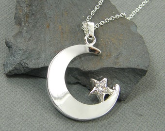 Silver Crescent Moon Necklace, Moon and Star Necklace, Celestial Moon Phase Necklace, Moon Lover Gift  |SJ1-9