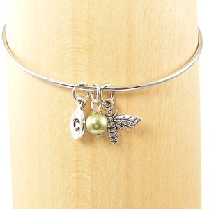 Bee Bracelet, Personalized Silver Bee Bangle, Initial Bracelet, Pearl Bracelet 2733 image 2