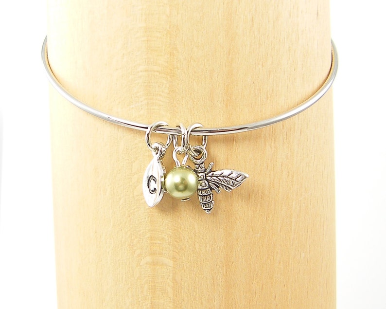 Bee Bracelet, Personalized Silver Bee Bangle, Initial Bracelet, Pearl Bracelet 2733 image 2