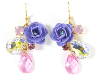 Purple Flower Earrings, Pink Teardrop Rhinestone Cluster, Purple Pink Gold Dangle Garden Pierced Earrings |EB8-20