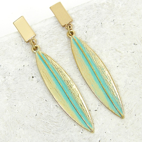 Aqua Leaf Post Earrings, Long Turquoise Gold Willow Leaf Modern Sleek Stud Pierced Earrings |EB2-15