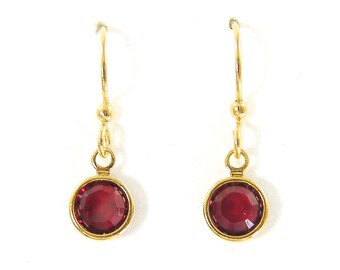 Small January Birthstone Earrings Gold Garnet Crystal Dangle PIERCED Deep Red January Birthday Gift Petite Dainty Birthstone Jewelry