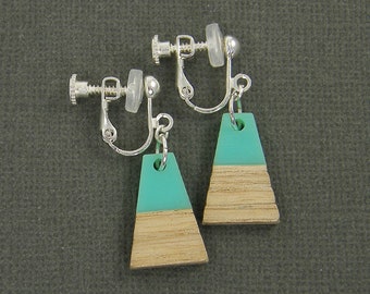 Turquoise Dangle Clip on Earrings, Mint Green Clip Earrings, Aqua Brown Resin Geometric Clip Earrings, Modern Screw Back Earrings |EB3-45