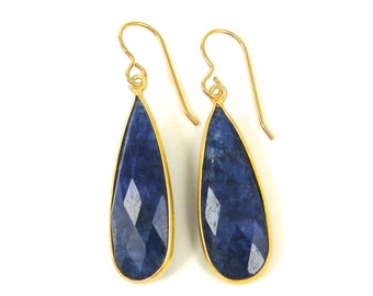 Sapphire Earrings, Blue Gemstone Gold Long Teardrop Dangle Earrings, September Birthstone Earrings, Long Sapphire Drop Earrings |EB9-36