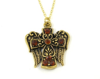 Brown Rhinestone Cross Necklace, Dark Topaz Gold Angel Wing Heaven Spiritual Religious Remembrance Pendant Necklace |NB1-47