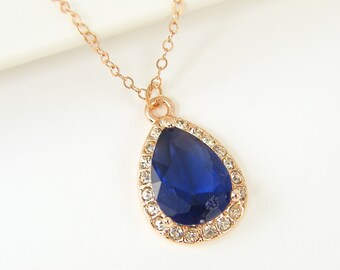 Sapphire Necklace, Rose Gold Necklace, CZ Sapphire Blue Teardrop September Birthstone Pendant Necklace with Rose Gold Chain |BJ1-7