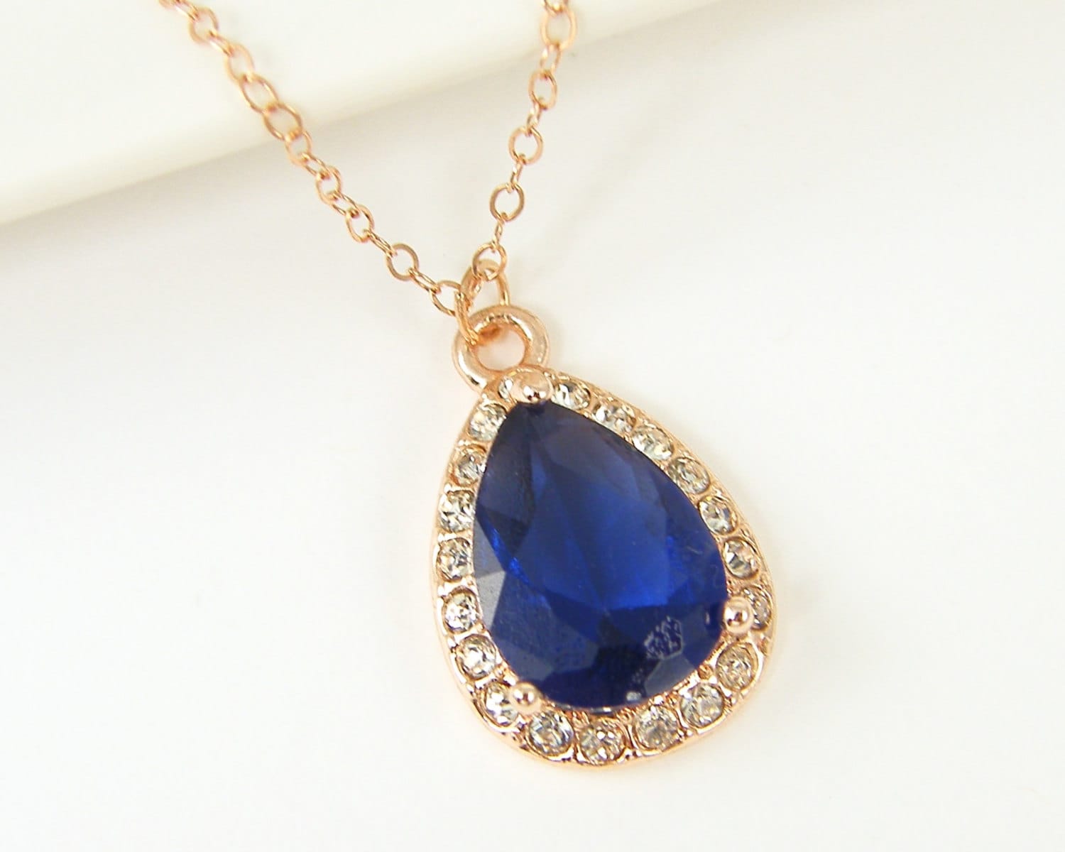 Sapphire Necklace Rose Gold Necklace CZ Sapphire Blue Etsy
