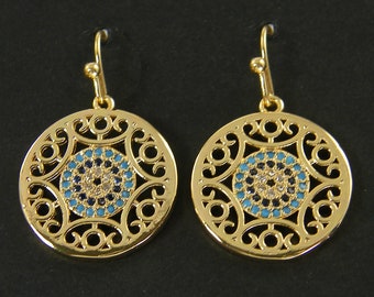 Dainty Delicate Gold Filigree Earrings, Round Tiny Turquoise Aqua Blue Rhinestone Medallion Swirl Ornate Drop Dangle PIERCED Earring |EB6-13
