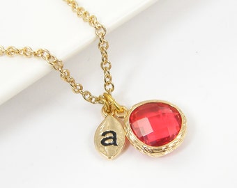 Personalized Ruby Necklace, Custom Initial Necklace, Bridesmaid Necklace, July Birthstone Necklace, Birthday Gift for Her |CJ1-11