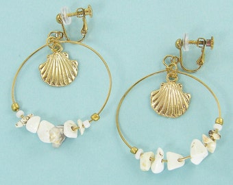 Gold Seashell Clip on Earrings, White Gemstone Gold Hoop Sea Scallop Clam Shell Vacation Beach Summer Nautical Dangle Clipon |EB4-20