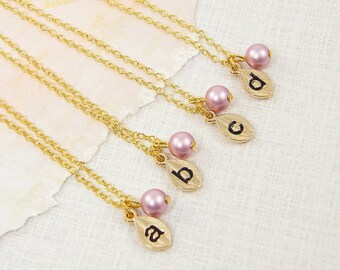 Pink Pearl Bridesmaid Necklace Gold, Personalized Bridesmaid Gifts, Custom Initial Bridal Party Necklaces, Flower Girl Wedding jewelry Gifts