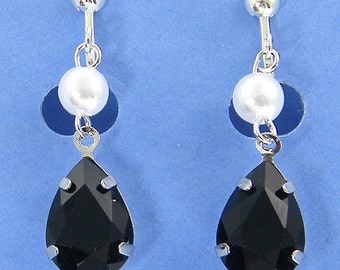 Black White Clip on Earrings, Black Teardrop White Pearl Clip Earrings, Dressy Casual Black Dangle Clipon Earrings |EB9-37