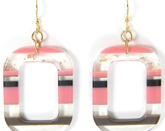 Coral Clear Black Mod 60's Style Earrings, Modern Pink Black Gold Midcentury Acetate Rectangle Dangle PIERCED Earrings |EB7-20