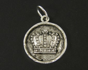 Silver Crown Pendant, Antique Silver Crown Charm, Round Medallion Coin Queen Royalty Regal Jewelry |NU1-16