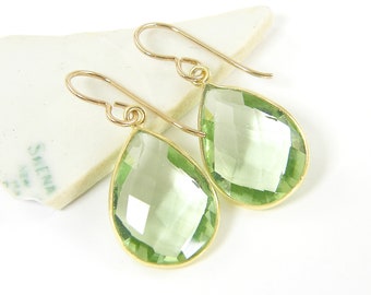 Green Amethyst Quartz Gemstone Earrings Gold, Light Green Teardrop Dangle Earrings, Gift for Her, February Birthstone Birthday Gift |EB2-14