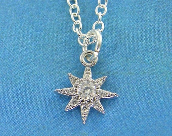 Tiny Celestial Necklace, Silver Clear Rhinestone Pave Mini Star Starburst Sun Sunburst Dainty Pendant Charm Cubic Zirconia CZ |NB2-58