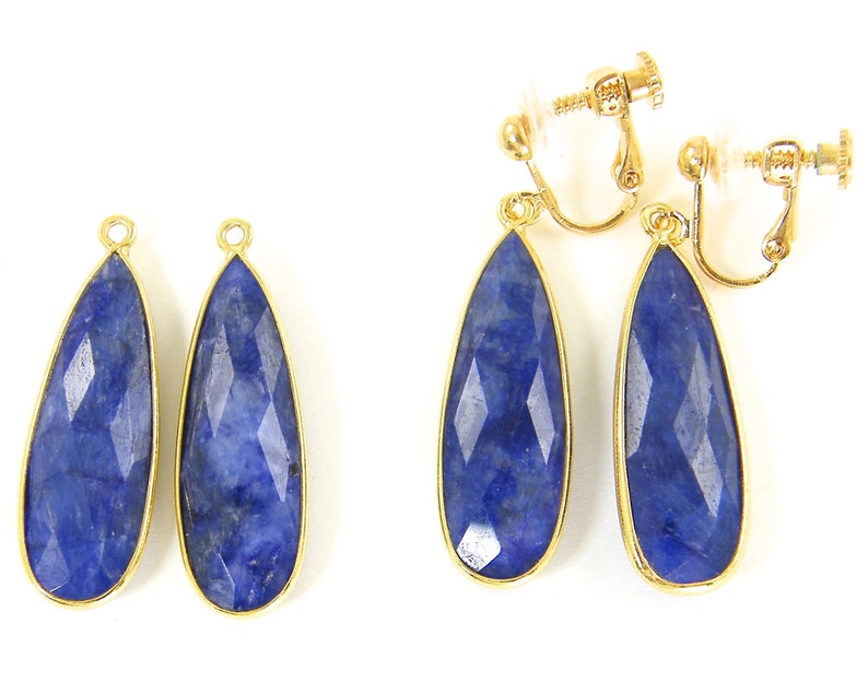 Sapphire Clip on Earrings, Blue Gemstone Gold Long Teardrop Dangle, September Birthstone, Long Sapphire Drop Clipon Earrings EB7-9 image 3