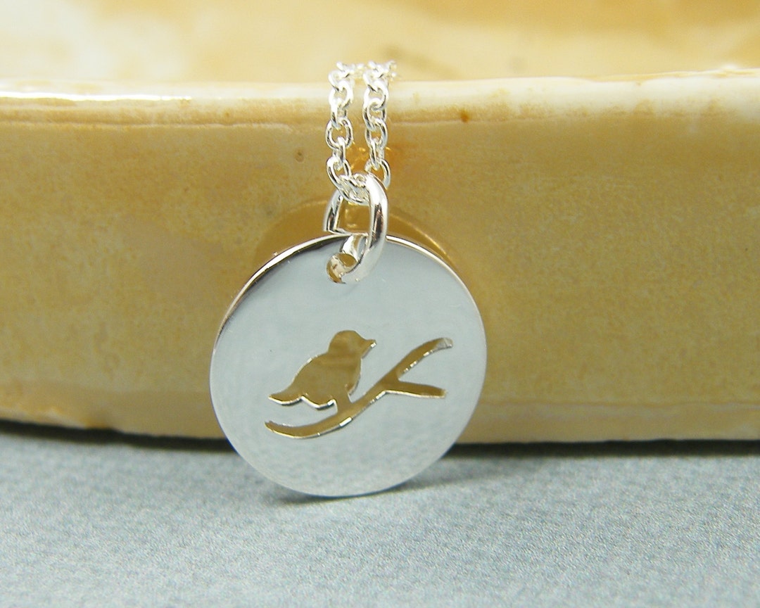 Sterling Silver Bird on Branch Pendant Necklace, Round Silver Bird