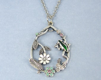 Garden Necklace in Silver Frog Necklace Flowers Vines and Leaves Floral Pendant Necklace Jewelry |NB1-22