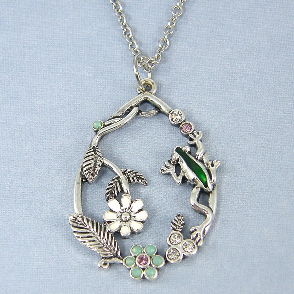 Garden Necklace in Silver Frog Necklace Flowers Vines and Leaves Floral Pendant Necklace Jewelry |NB1-22