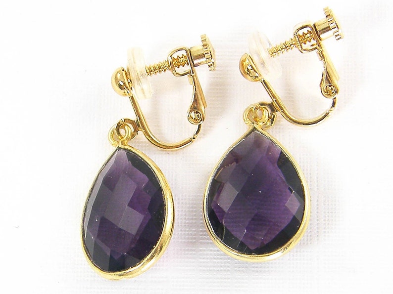 Amethyst Gemstone Clip on Earrings Gold, Purple Stone Teardrop Dangle Earrings, Gift for Her, Drop February Birthstone Birthday Gift EB7-26 image 4