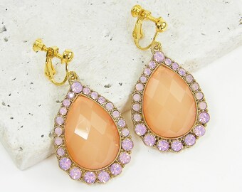 Pink Clip on Earrings, Large Pink Rhinestone Clip Earrings, Dressy Pink Gold Clip on Earrings |EB2-1