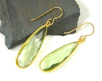 Green Amethyst Earrings, Green Gold Teardrop Earrings, Long Pale Green Dangle PIERCED Earrings, Light Green Gemstone |EB9-41