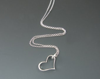 Large Open Heart Necklace - Simple Minimalist Silver Heart Pendant Charm Your Choice of Long Chain 24 30 36 |SJ1-2