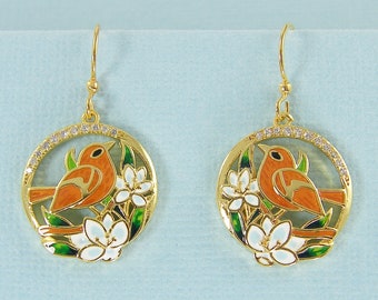 Multicolor Bird Earrings Dangle, Orange Blue Gold Bird Watcher Ornithophile Gift Pierced Earrings |EB8-33|M