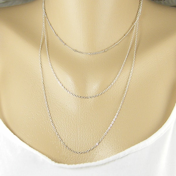 Three 3 Strand Layered Silver Chain Necklace, Multistrand Layer Layering Silver Necklace Chain Short to Long |CH5-3