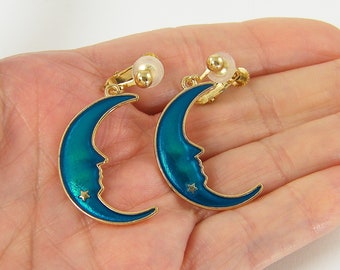 Crescent Moon Clip on Earrings, Turquoise Blue Man in the Moon Clip Earrings, Moon Phases Celestial Non-Pierced Screw Back |EB1-4