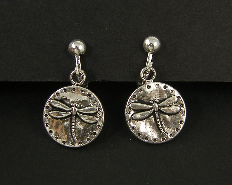 Dragonfly Clip on Earrings, Silver Insect Clip Earrings, Wildlife Nature Animal Jewelry with Screw Back EB2-18 image 2