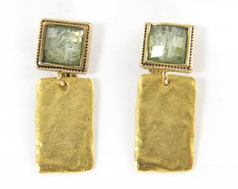 Green Clip on Earrings, Sage Moss Green Gold Geometric Square Rectangle Dangle Clipon Earrings |EB5-19