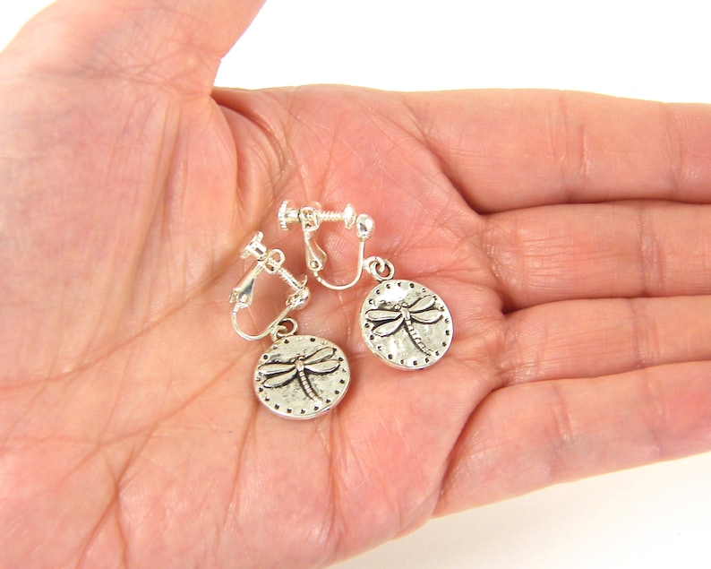 Dragonfly Clip on Earrings, Silver Insect Clip Earrings, Wildlife Nature Animal Jewelry with Screw Back EB2-18 image 5