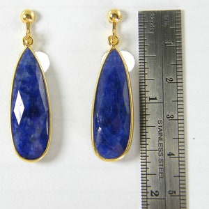 Sapphire Clip on Earrings, Blue Gemstone Gold Long Teardrop Dangle, September Birthstone, Long Sapphire Drop Clipon Earrings EB7-9 image 4