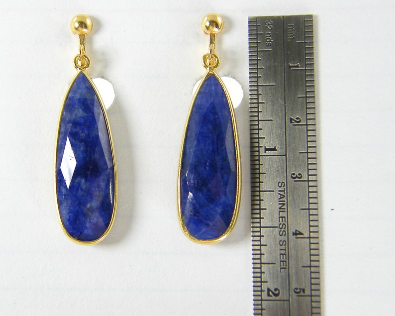 Sapphire Clip on Earrings, Blue Gemstone Gold Long Teardrop Dangle, September Birthstone, Long Sapphire Drop Clipon Earrings EB7-9 image 4